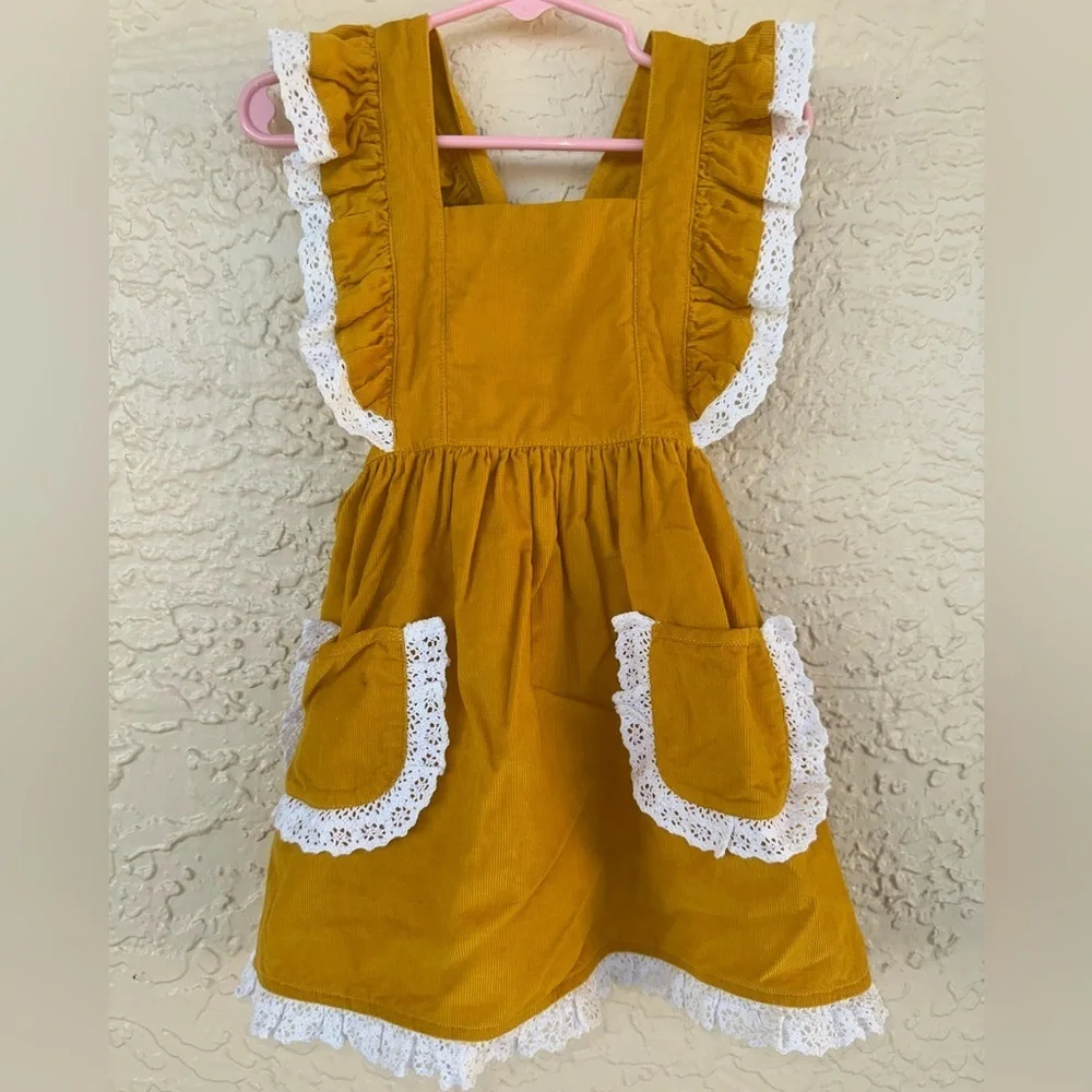 Shrimp & Grits Kids Corduroy Dress 3T Mustard Ruffle Lace Pinafore Boutique
